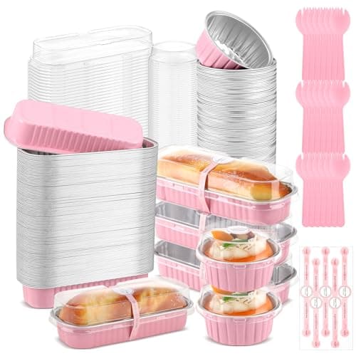 Suclain 600 Pcs Valentines Day Pink Mini Loaf Pans with Lids and Spoons Sealing Stickers 68oz Disposable Aluminum Foil Muffin Baking Pans 5oz Cupcake Cups Cake Containers for Valentines Party