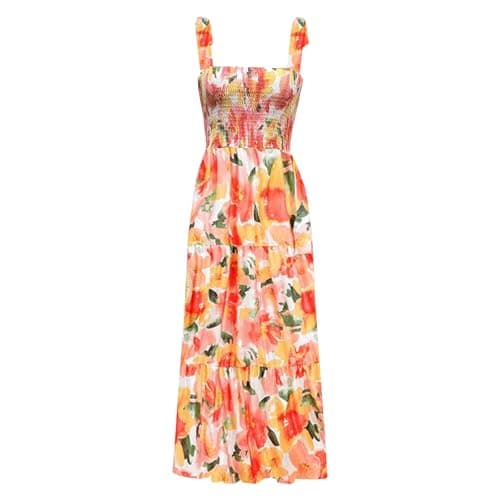 kinstell Women's Summer Boho Spaghetti Strap Square Neck Ruffle Casual Flowy Long Dress Beach Swing Party Maxi Dress