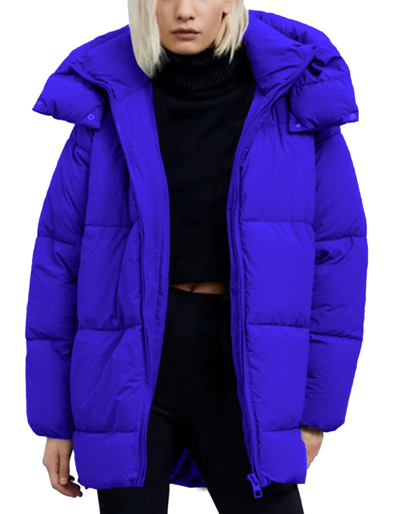 Flygo Womens Hooded Quilted Puffer Jacket MidLength Padded Warm Winter Heavyweight Coat OuterwearBlueL