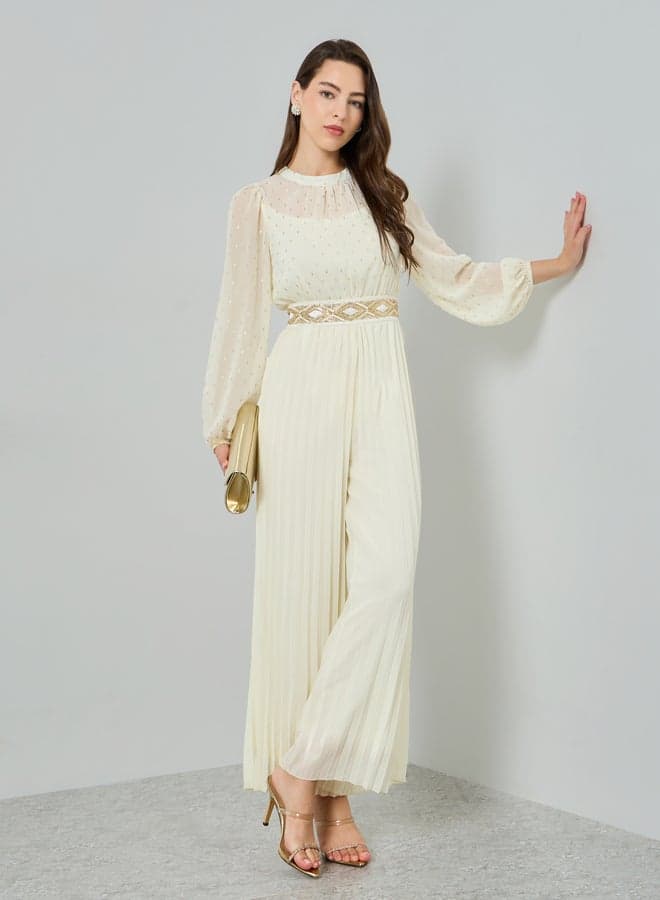 Cream Wide Leg Pleated Jumpsuit with Lurex Detail