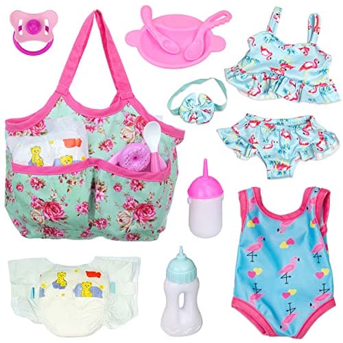 UNICORN ELEMENT 8 Pcs Baby Doll Clothes and Accessories Baby Feeding and Caring Set with Doll Diaper Bag Clothes Diapers Bottles Pacifier SwimsuitsBest Gift for Kids