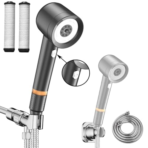 Shower Head with Handheld, High Pressure Shower HeadS with Pause Switch 4 Spray Modes Filter Showerhead with 79 in Hose, Adhesive Wall Mount,Bracket and Replace Filter (Grey)