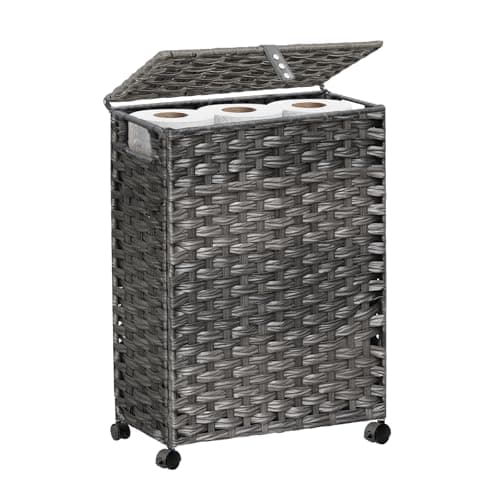 Hiagnete Toilet Paper Storage Basket with Lid and Wheels, Rattan Toilet Paper Holder Storage, Toilet Paper Organizer for Bathroom, Bedroom, Kitchen, 12.6”L x 7.1”W x 17.14”H, Naturall