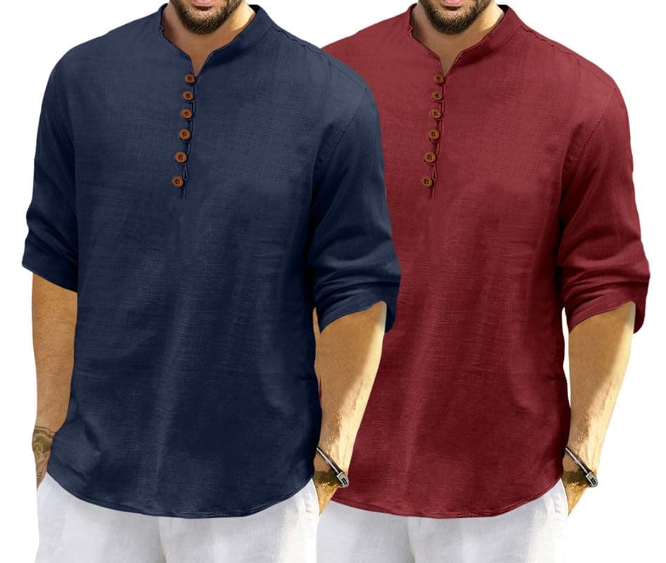 ROYALSCOUT Men's Cotton Polyester Blend Solid Regular Fit Full Sleeve Short Kurta | Ethnic, Lightweight Summer Kurta for Daily & Occasion Use Navy-Maroon