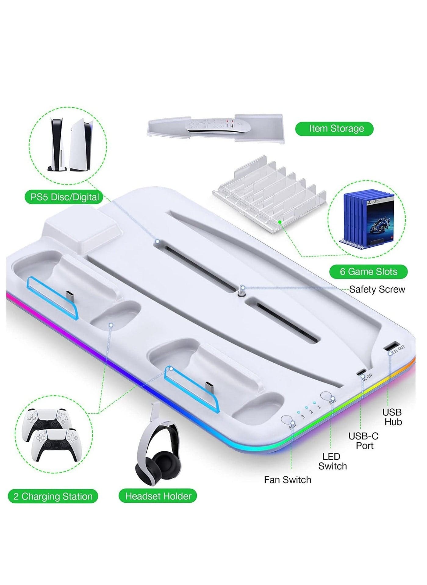 PS5 Controller Charger, LED Cooling Dock for Sony Playstation 5, Console Support Base, Game Stand, Gaming Accessories (White)