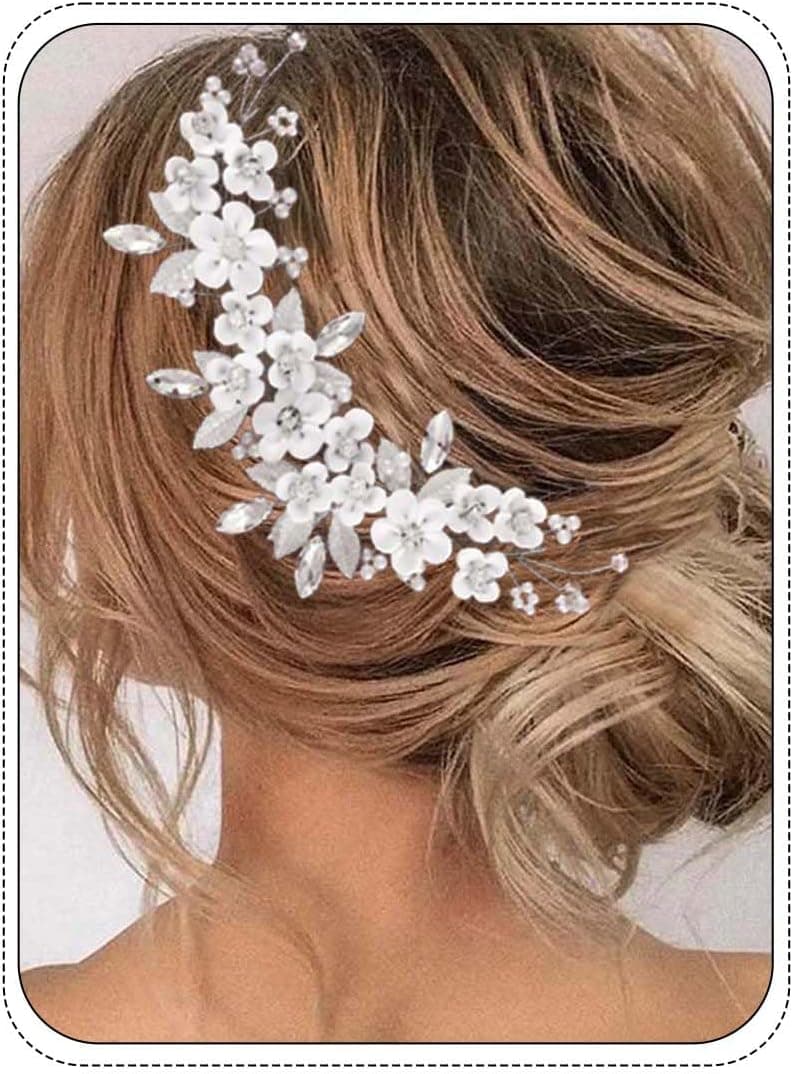 Unicra Silver Flower Bride Wedding Hair Vine Pearl Bridal Hair Piece Rhinestone Hair Accessories Leaf Headband for Women and Girls