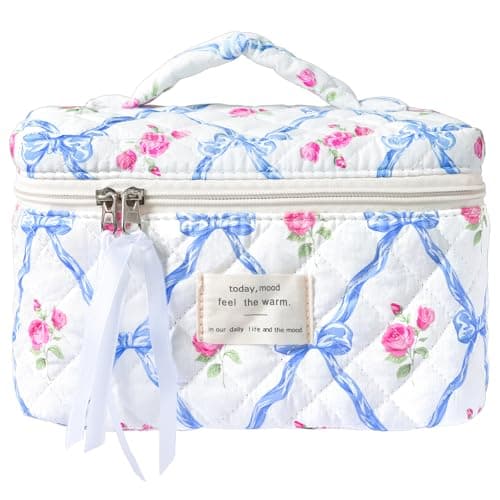 Sminra Makeup Bag Large Travel Quilted Cosmetic Makeup Bag Organizer, Floral Cotton Coquette Aesthetic Toiletry Bag for Women Girls (Blue Bow Flowers-L)