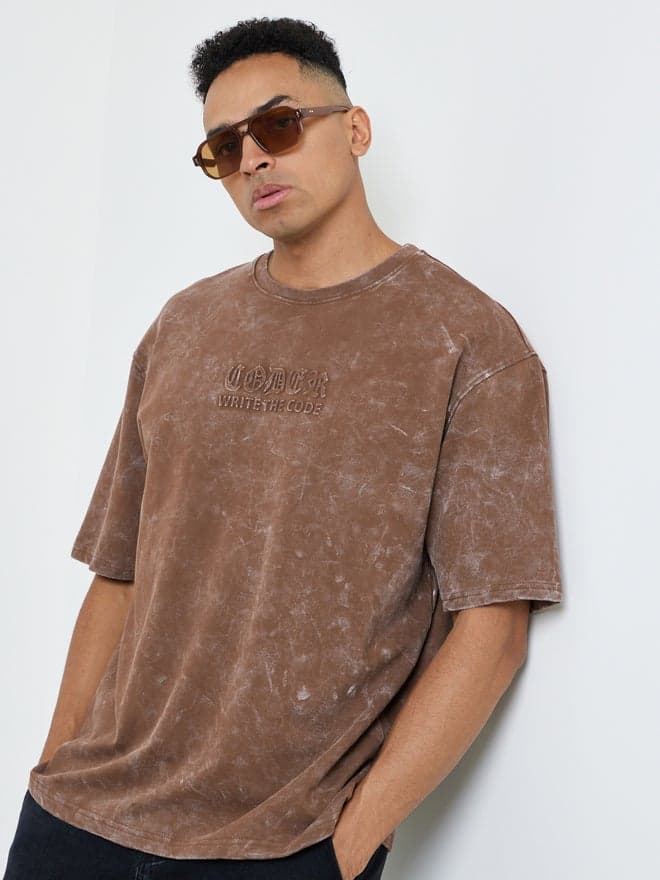 Styli Men Acid Wash Oversized Terry T-Shirt with Embossed Print