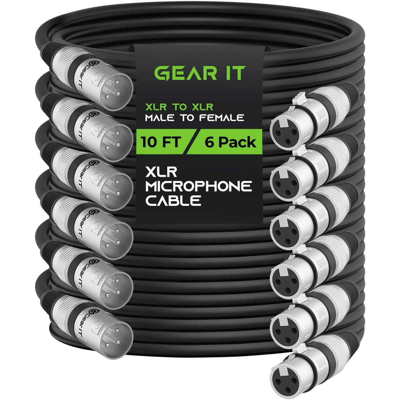 GearIT XLR to XLR Microphone Cable (10 Feet, 6-Pack) XLR Male to Female Mic Cable 3-Pin Balanced Shielded XLR Cable for Mic Mixer, Recording Studio, Podcast - Black, 10ft, 6 Pack