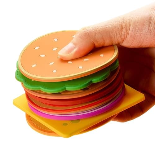 WOCOCN Cute Hamburger Coasters for Drinks, Funny Non-Slip Silicone Coasters Set of 8,Waterproof, Heat-Proof, Elastic,Tabletop Protection, Creative Decor for Kitchen, Dinner Desk and Office Desk A