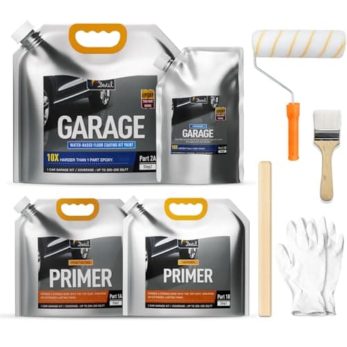 DWIL Garage Floor Epoxy Kit with Primer, Garage Floor Paint with Tools, Epoxy Coating for Concrete - High Gloss, Water-based, Low Odor - 1 Car Kit, Light Gray