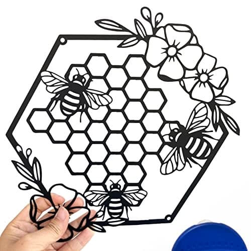 Yuzhuo Metal Bee Wall Art - Farmhouse Honey Bees and Hives with Flowers - Black
