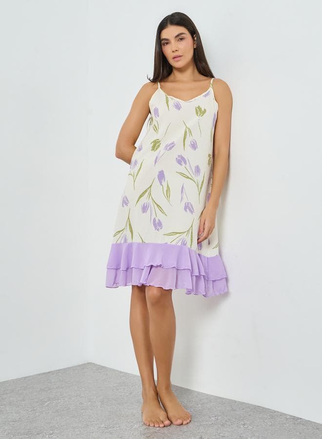 Purple Floral Print Ruffle Hem Strappy Nightdress