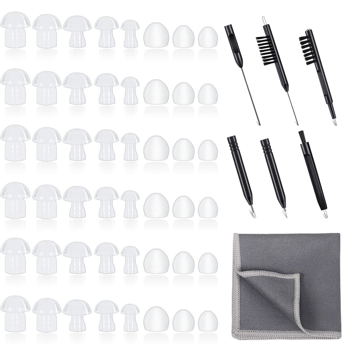 48 Pieces Hearing Aid Tips Hearing Aid Domes Universal Domes for Earbud Tip Replacement BTE Sound Amplifier Accessories and 7 Pieces Cleaning Tools with Velvet Bag