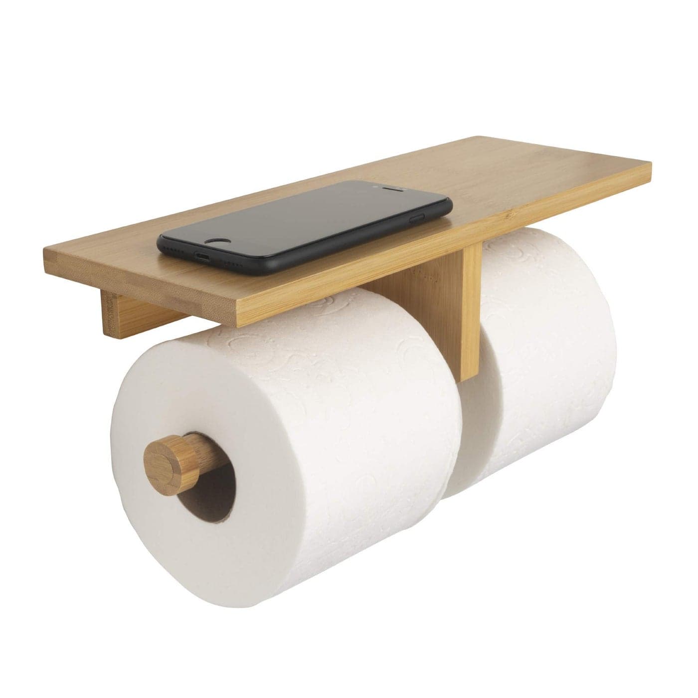 Arrow and Stem Modern Hanging Wall Mount Natural Bamboo Double Dual Toilet Paper Holder with Convenience Shelf Tray for Toilet Paper Phone Plants Decor and Other Accessories