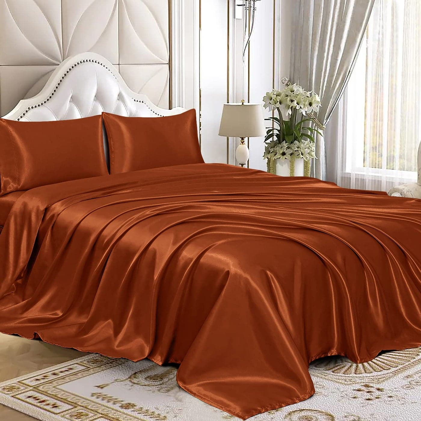 Homiest 4pcs Satin Sheets Set Luxury Silky Satin Bedding Set with Deep Pocket 1 Fitted Sheet 1 Flat Sheet 2 Pillowcases Queen Size Burnt Orange