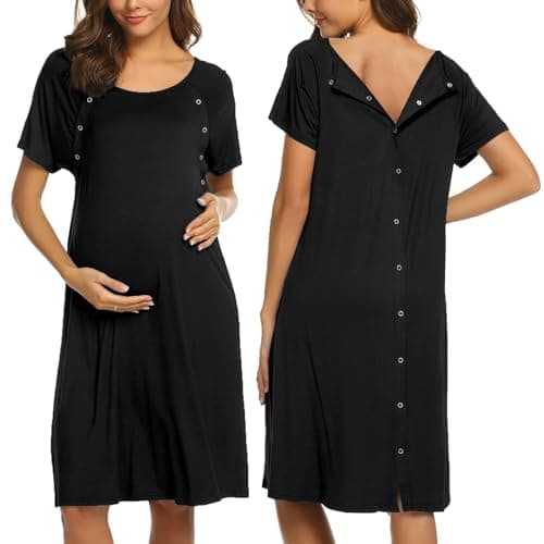 Ekouaer Womens, Labor and Delivery Gown Button Down Maternity Nursing Nightgown Nightshirt, Black, X-Large
