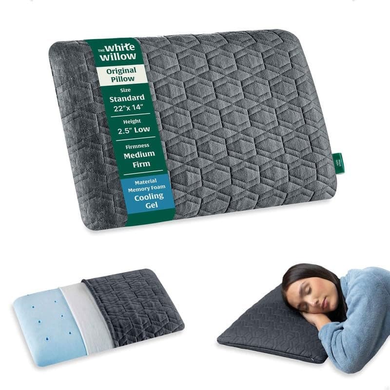 The White Willow Thin Pillow for Sleeping-Slim Memory Foam Cool Gel-Slim Support for Neck & Shoulder Pain Relief-Flat Design-Orthopedic Cervical Pillow for Neck Support-Standard Size-2.5" H-Grey