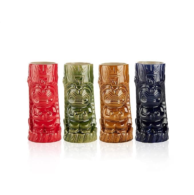 LEMONSODA HardCarved and HandPainted Tiki Mugs Cocktails Set of 4 Large Tumblers Ceramic Tiki Party Mugs Drinkware Exotic Cocktail Glasses Tiki Bar Professional Hawaiian Party Barware 17oz