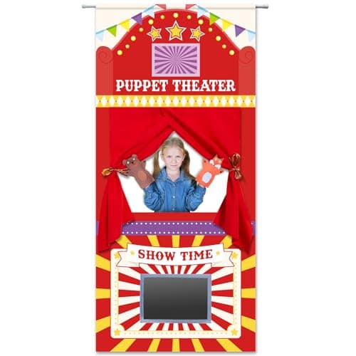Doorway Puppet Theater with 2 Adjustable Rods 31x67 In Red Yellow Foldable Hanging Puppet Show Theater for Kids Pretend Play Hand Puppets Educational Kids Activities Toys Easy to Set Up Put Away