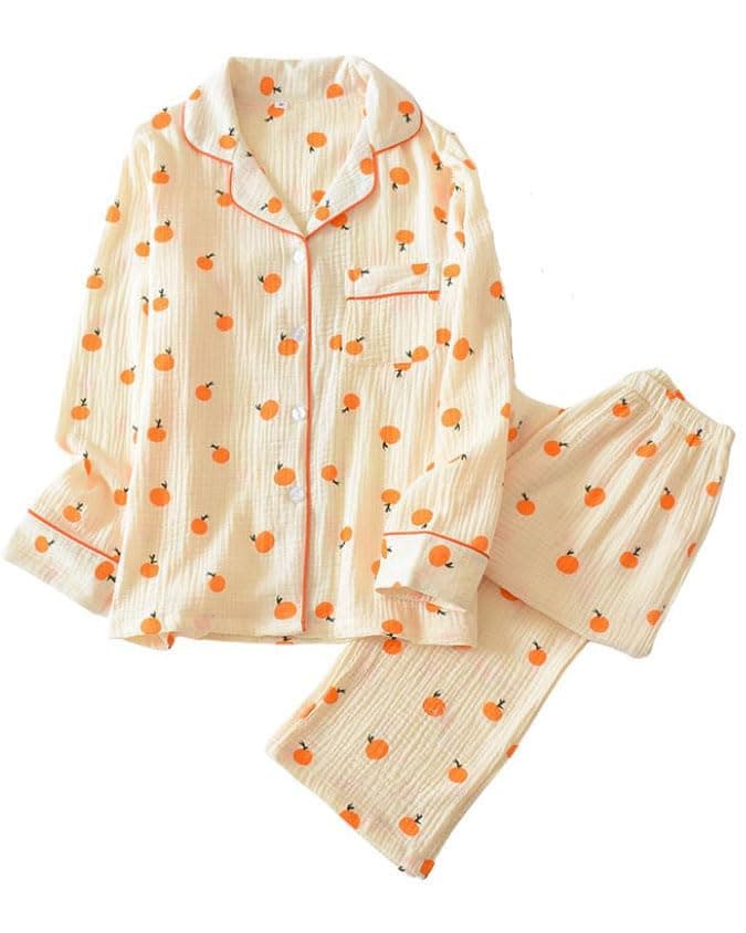 codcm Womens Cotton Gauze Pajama Set Long Sleeve Button Up Shirt and Pants 2 Piece Cute Printed Pj Set
