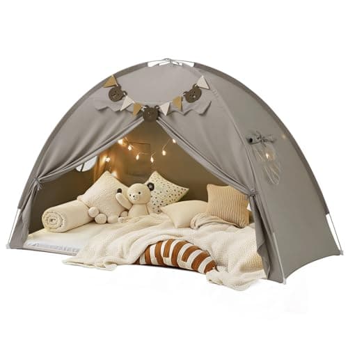 Twin Bed Tent for Kids, Bed Tent Canopy Sleeping Tent Privacy Space Dream Playhouse with Stars Light & Flags, Toddler Indoor Floor Play Tent for Boys & Girls, Birthday Children‘s Gift, Grey