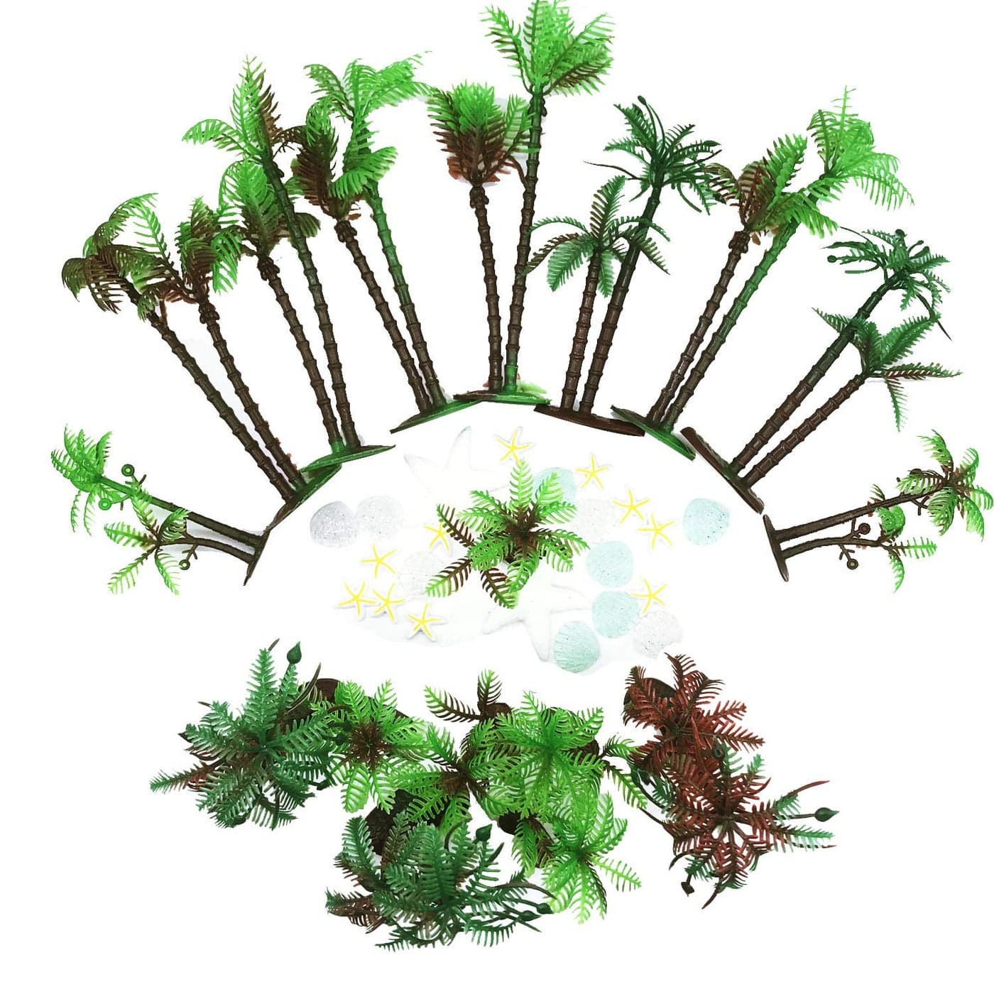 Allazone 42 PCS Coconut Palm Tree 20 PCS Mini Plastic Artificial Palm Tree 22 PCS Shell and Starfish for Cupcake Topper Cake Decorations Aquarium Plants Building Model Landscape