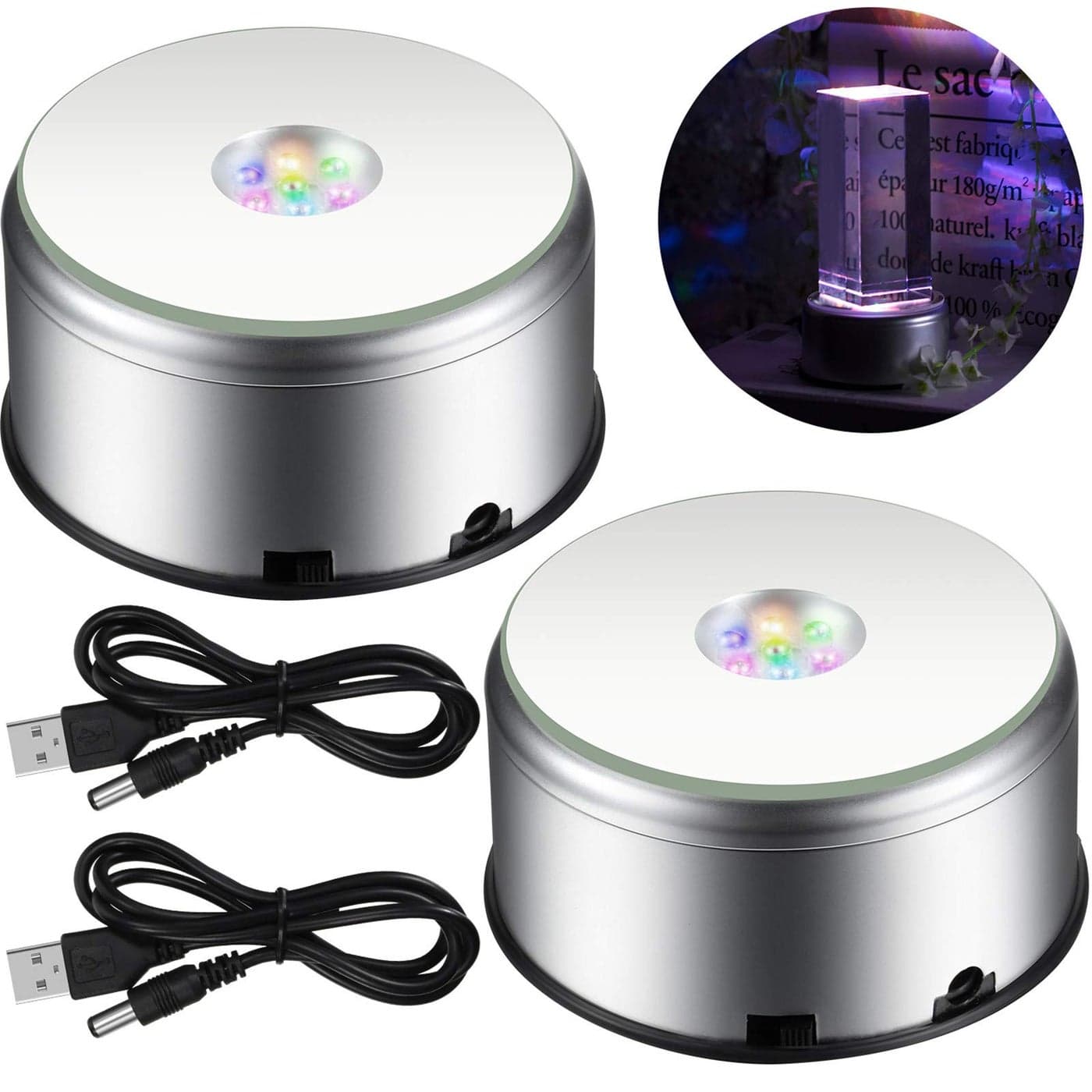 Mudder 7 LED Rotating Display Stand Light Colorful Crystal Base Cup Turner Platform 360 Degree Display Spinner with USB Cable for Tumbler Cup Crystal Glass Jewelry Art Craft Gift