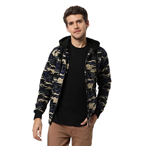 Campus Sutra Men's Forest Green Camouflage Regular Fit Cotton Jacket For Winter Wear | Hooded Collar | Full Sleeve | Zipper | Casual Jacket For Man | Western Stylish Jacket For Men