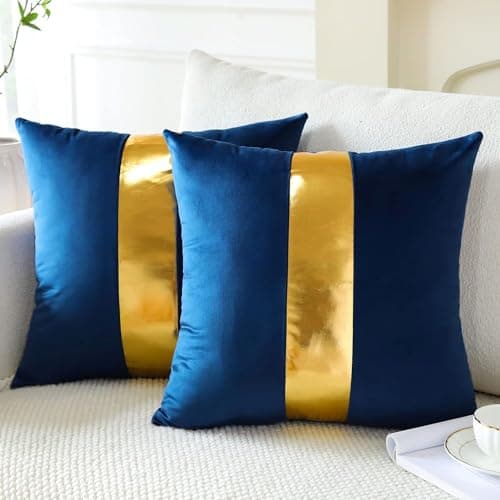 AEROHAVEN Set of 2 Premium Velvet with Gold Stripes Decorative 300 TC Throw Pillow/Cushion Covers with Invisible Zipper - (12 X 12 Inch, Navy)