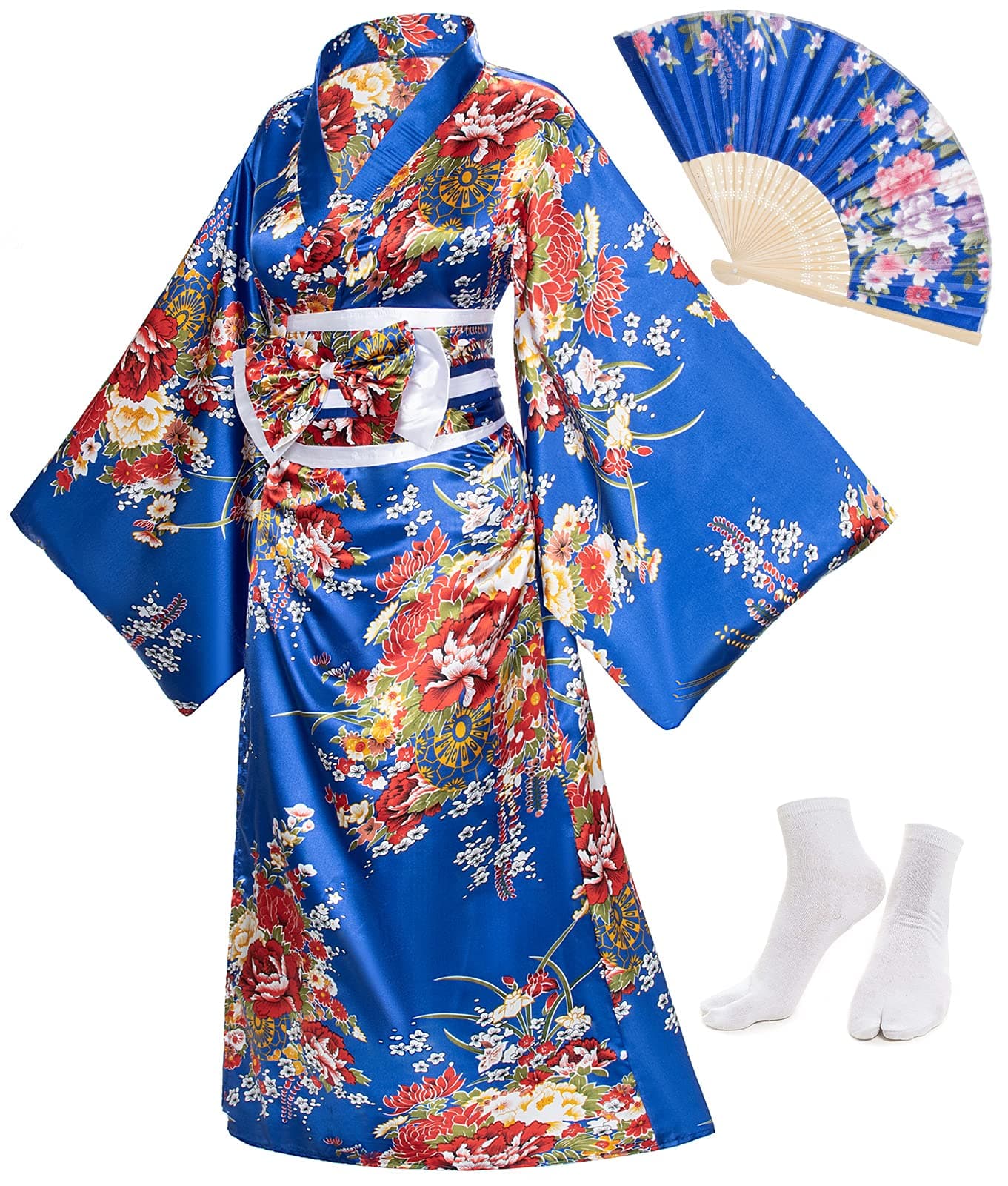 Japanese Anime Womens Long Kimono Robe Fancy Dress Hand Held Silk Folding Fans Tabi Socks OBI Belt Set Blue Plus Size