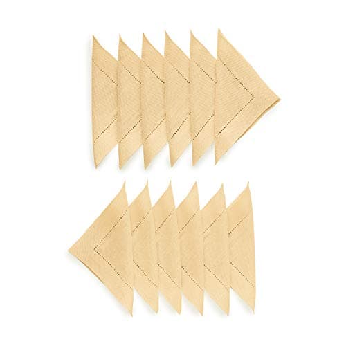 Solino Home Linen Hemstitch Cocktail Napkins 6 x 6 Inch - 100% Pure Linen Beige Cloth Napkins Set of 12 - Washable Small Square Cloth for Party, Wedding, Dinner, Table Decor - Classic Hemstitch