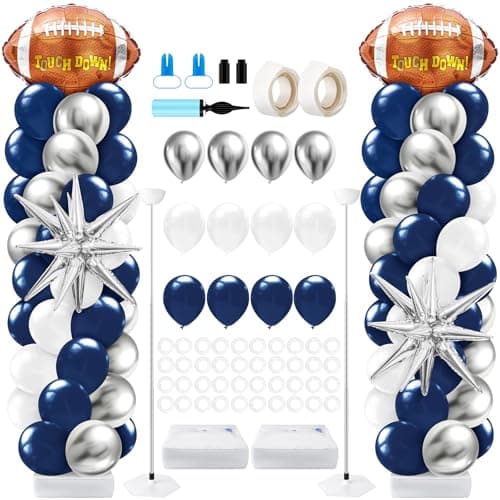 Kasyat 2 Sets Cowboys Football Balloon Column Stand Kit with 4d Football 100 Latex Navy Blue White and Silver Balloons Arch Garland for Rugby Party Baby Shower Birthday Sport Theme Decorations