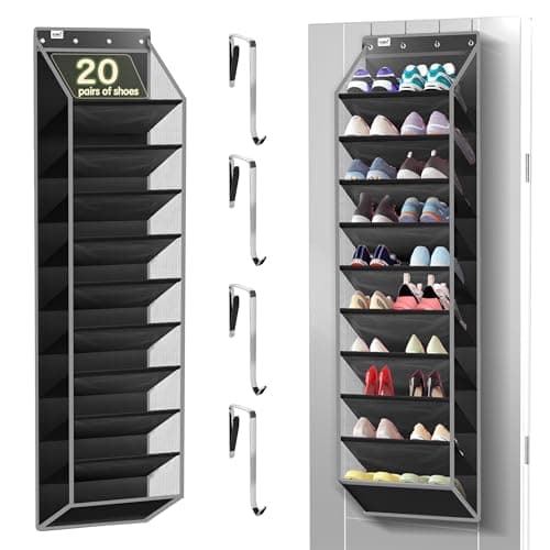 Kotkn 10 Tier Over The Door Organizer Heavy Duty Hanging Storage Rack with Sturdy Oxford Fabric Holds 20 Pairs of Footwear Boots Sneakers Saves 50 Closet Space Black