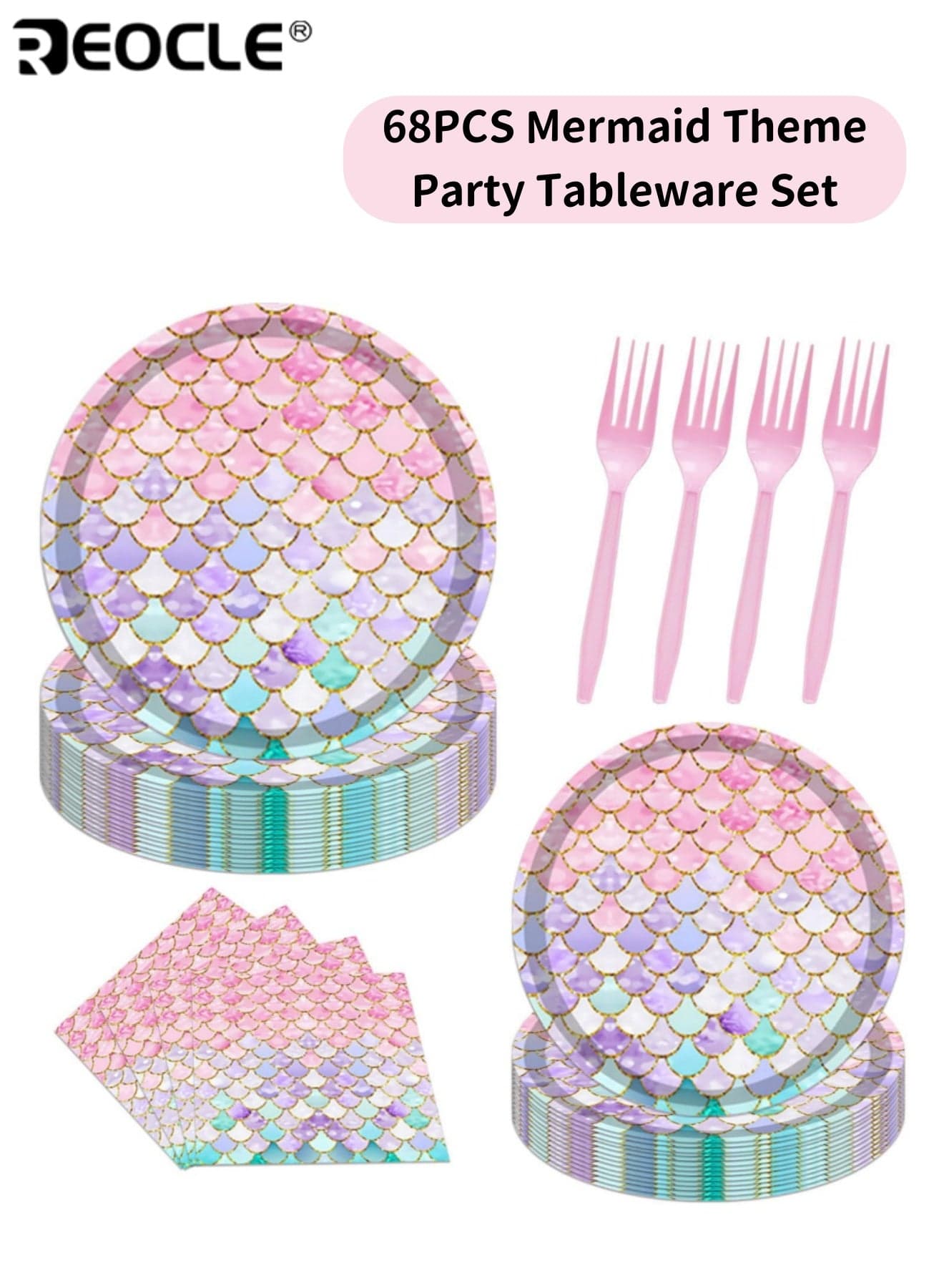 68PCS Mermaid Party Supplies Ocean Theme Tableware Set with Round Disposable Plates Napkins & Forks Serves 16 Ideal for Birthday & Baby Shower Decorations