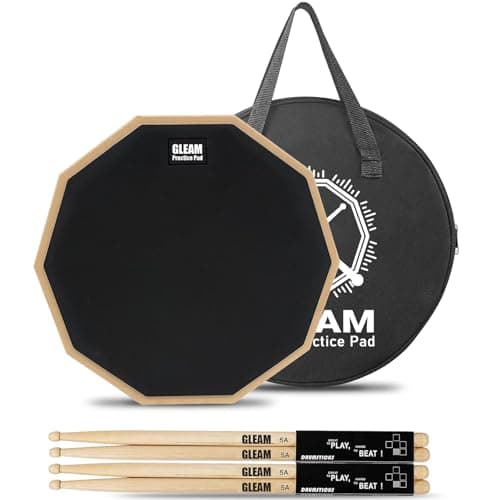GLEAM 12 inch Drum Practice Pad with Carrying Bag and 2 Pairs Drum Sticks - Rubber Surface High Density Compressed Wood Foam Backside Black (Double-sided)