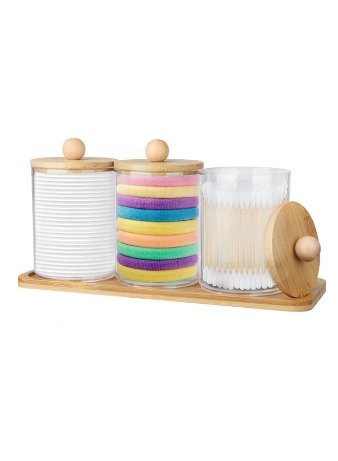 3 Pack Qtip Holder Dispenser with Bamboo Lids - 10 oz Clear Plastic Apothecary Jar Containers for Vanity Makeup Organizer Storage - Bathroom Accessories Set for Cotton Swab, Ball, Pads, Floss