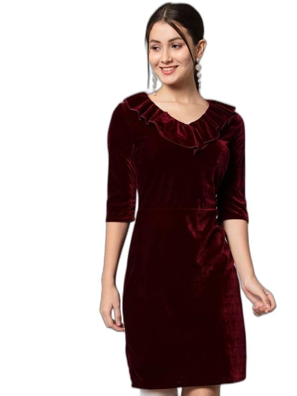 Vaararo V-Neck Party Dress for Women Bodycon | Shiny Velvet Half Sleeves Above Knee Length Outfit Maroon X-Large
