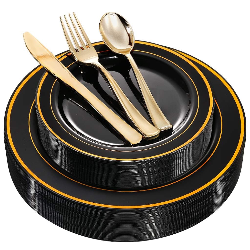 WDF 125Pieces Black Plates Disposable with Gold Rim Disposable Gold Plastic Silverware 50 Graduation Plates 25 Forks 25 Knives 25 Spoons