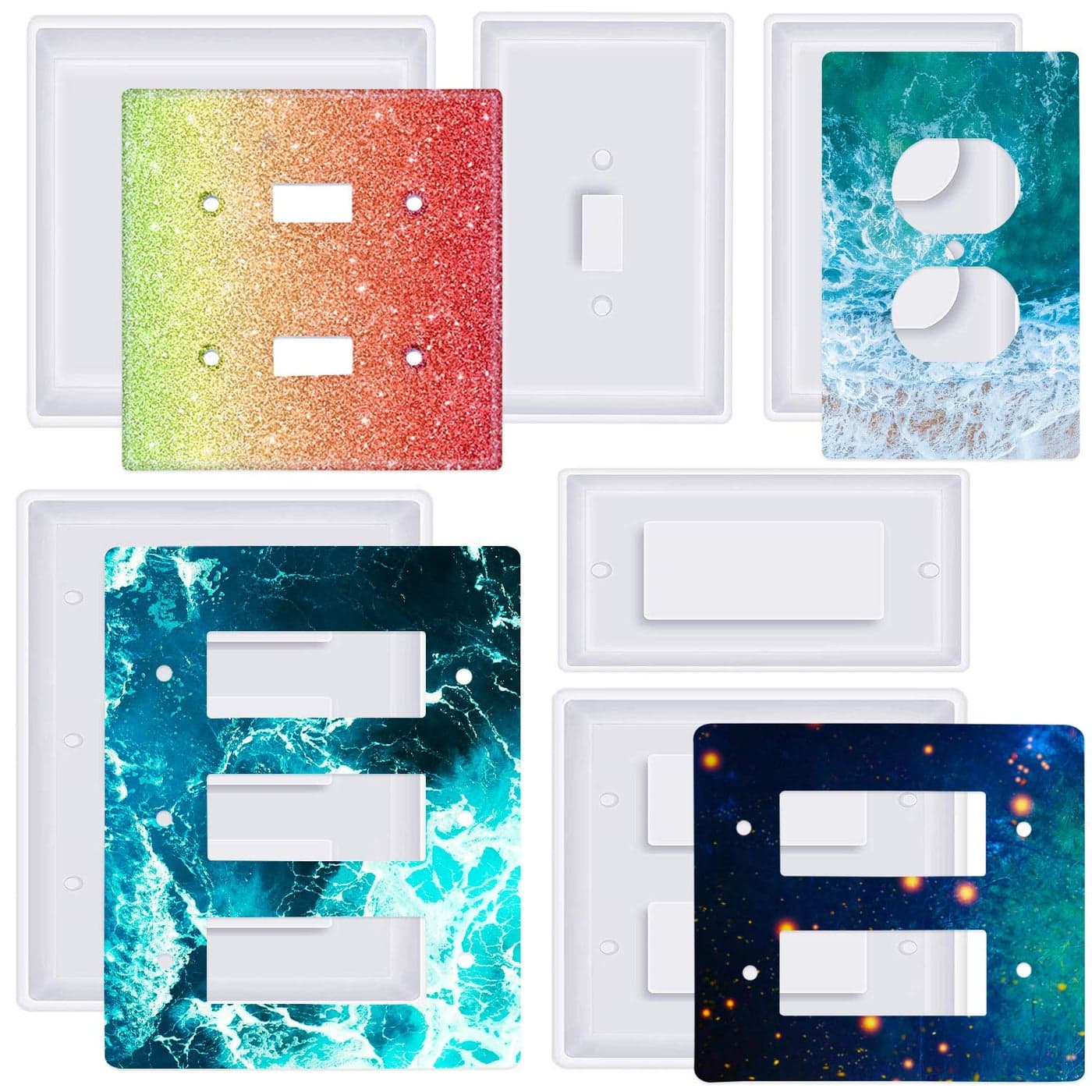 Moukiween Light Switch Cover Resin Mold 6Pcs Silicone Molds for Standard Switch Plate Covers Socket Panel Epoxy Casting DIY Crafts Home Decor