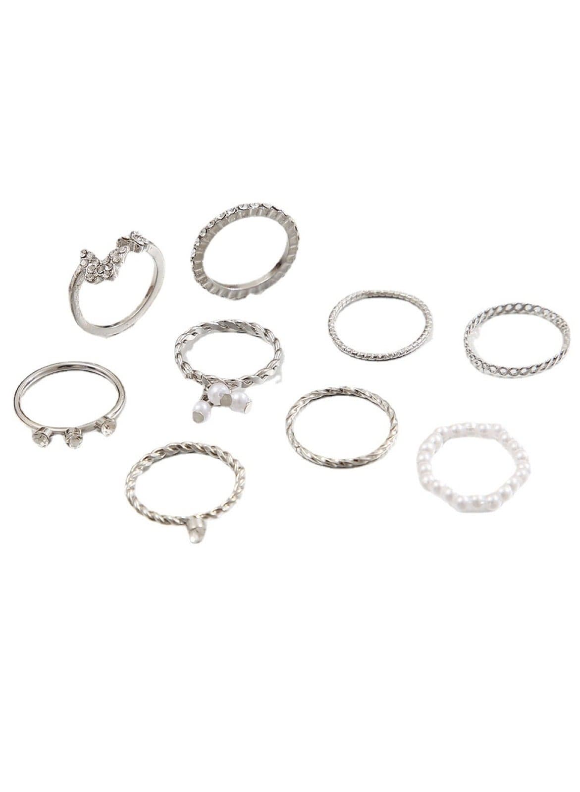 9 Pcs Elegant Silver Ring Set Alloy, Crystal & Pearl