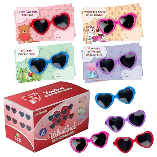 4Es Novelty 32 Pack Valentines Day Heart Glasses for Kids Bulk Sunglasses with Valentines Cards Valentine Day Gifts for Kid Classroom Exchange Toy with Cards School Party Favors for Boy Girl