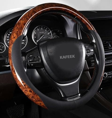KAFEEK Wood Grain Steering Wheel Cover Microfiber Leather Universal 14 1/2-15 inch, Car Steering Wheel Cover Men Women, Comfortable, Anti-Slip, Odorless, Brown