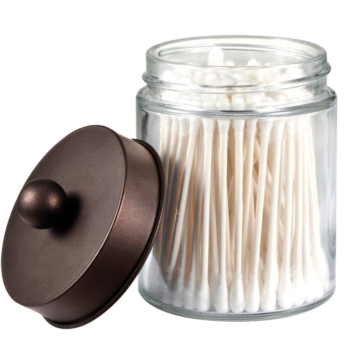 Amolliar Apothecary Jars Bathroom Storage Organizer Cute Qtip Dispenser Holder Vanity Canister Jar Glass with Lid for Cotton SwabsRoundsBath SaltsMakeup SpongesHair AccessoriesBronze 1 Pack