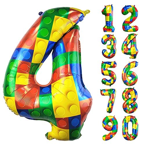 32 Inch Building Block Number 4 Balloons Large Big Helium Foil Mylar Balloon for Girls Boys Birthday Party Decoration Supplies