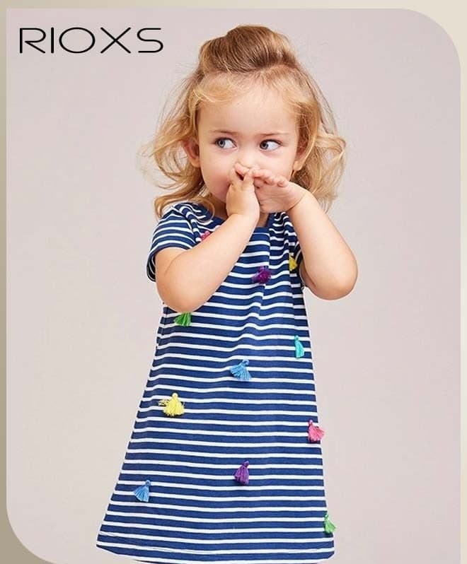 Toddler Girls' A Line Short Sleeve Striped Dress, Comfortable Cotton Dresses for Kids Girls, Skin-friendly Summer Dress Suitable for Daily Wear, Vacation and Other Occasions, Blue and White
