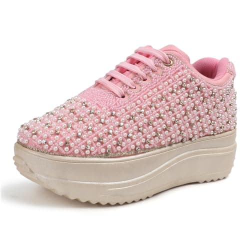 Vendoz Women Hand Embroidery Wedding Party Bridal Floral High Heel Sneakers I Cushioned Insole I Comfortable Wear Wedge Shoes I for Ladies and Girls Pink