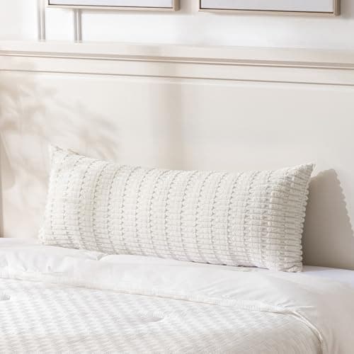 Fancy Homi Cream Boho Long Body Lumbar Decorative Throw Pillow Cover 14x36 Inch for Bed Couch Bedroom Bench, Soft Corduroy Rectangle Solid Pillow Case 35x91 cm, Rustic Farmhouse Room Decor