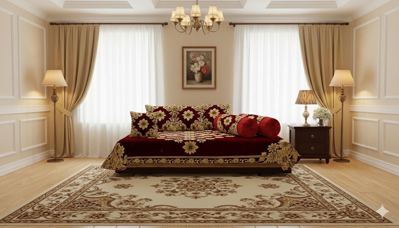 FRESH FROM LOOM Diwan Set Cover 8Pc, Maroon Color, 500 Tc Floral Design Premium Chenille Diwan Set Cover