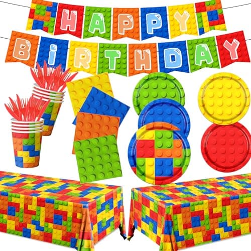 Building Block Birthday Party Supplies143pcs Building Block Tableware Set Colorful Blocks Bricks Plates and Napkins Supplies Include Plates Cups Tablecloth Banner for Building Block Party